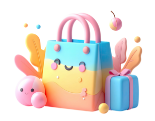 Cute shopping bag with gift and fruit