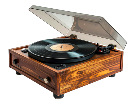 Modern wooden turntable with open lid