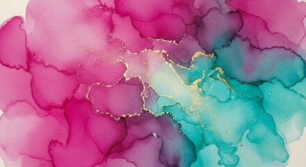 Vibrant abstract alcohol ink painting with swirling pink and teal hues and golden accents