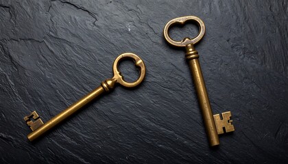 Two antique brass keys on dark stone