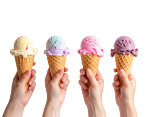 Hands holding ice cream cones, various colors