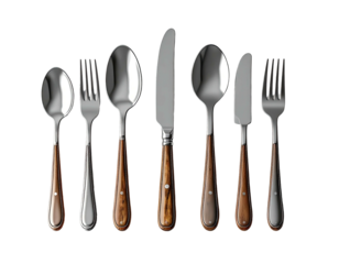 Polished silverware set with wooden handles