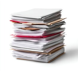 Tall stack of paper, documents, and folders, isolated on a white background