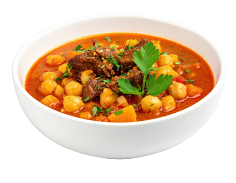 Hearty stew in white bowl