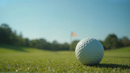 Fototapeta premium Perfect golf ball resting on lush green course, ready for a winning shot under clear blue sky, inspiring leisure and outdoor recreation