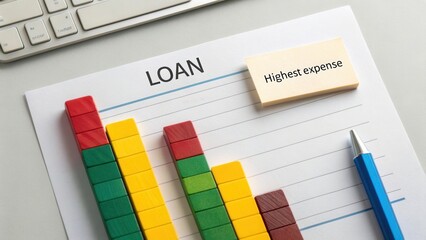 Colorful wooden blocks create a financial graph representing loan expenses and highest expense analysis on a workspace desk