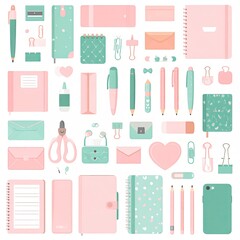Pastel stationery set pink, aqua. Flat lay design.