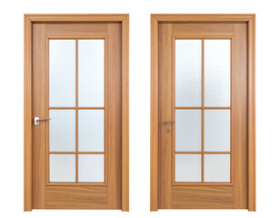 Two light brown wooden interior doors with frosted glass panels
