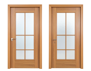 Two light brown wooden interior doors with frosted glass panels