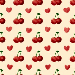 Handdraw Watercolor cherries fruit seamless pattern background love illustration berry