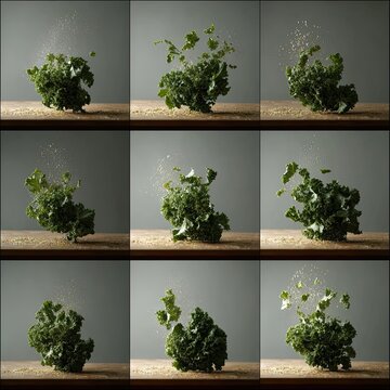 A series of images showing a clump of green leafy vegetables, likely kale,  experiencing various stages of  falling and scattering.  Fine particles seem to be released around the vegetable