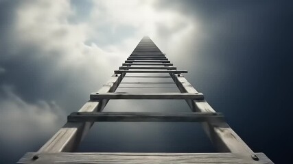 Ascending a long ladder into the bright heavenly sky.