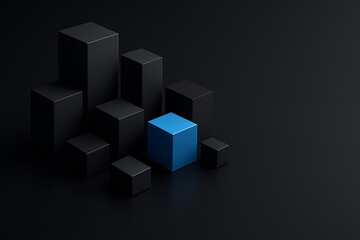 Abstract 3D business elements arranged in a clean, professional layout with generous negative space for copy. Objects include smooth geometric shapes such as cubes, cylinders, and arcs, subtly layered
