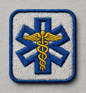 Square patch with blue star of life, centered caduceus symbol, on textured white background