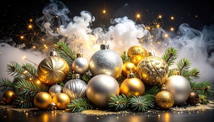 Festive ornaments, pine, gold glitter, and rising smoke