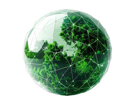 Transparent globe, green foliage, interconnected network