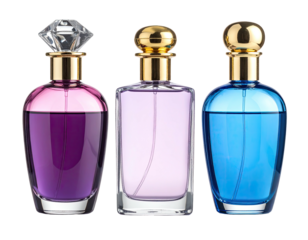 Three perfume bottles in varying colors