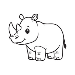 A cute and friendly baby rhinoceros cartoon character in black and white line art.