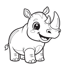 A cute and happy baby rhinoceros cartoon character black and white line art for coloring.