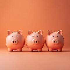 Three pink piggy banks standing row orange surface with matching orange background, symbolizing saving money and financial