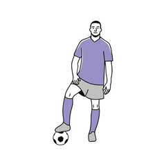 Line art illustration of a male soccer player standing with one foot on a football, wearing a purple shirt and grey shorts.