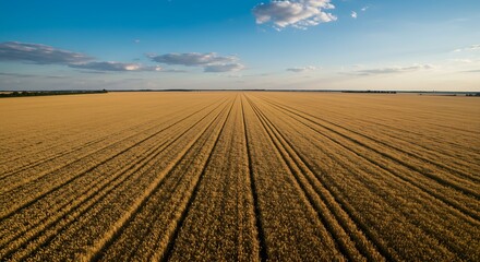 Vast golden wheat field under a serene blue sky creates a mesmerizing landscape in the countryside