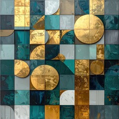 Abstract geometric art with gold, teal, and gray squares