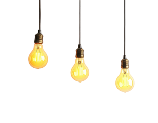 Three incandescent light bulbs hanging