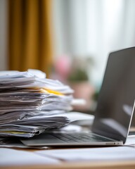 Messy paperwork stack and laptop illustrating overwhelming office workload