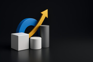 3D Illustration of Business Elements with Graph, Arrow, and Chart for Modern Corporate Design Background, Perfect for Finance, Marketing, Analytics, Growth, and Technology Concepts