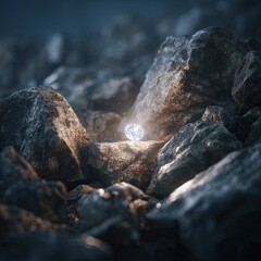 A glowing orb nestled amidst rough, dark stones