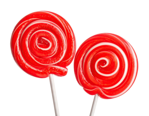 Two red and white spiral lollipops