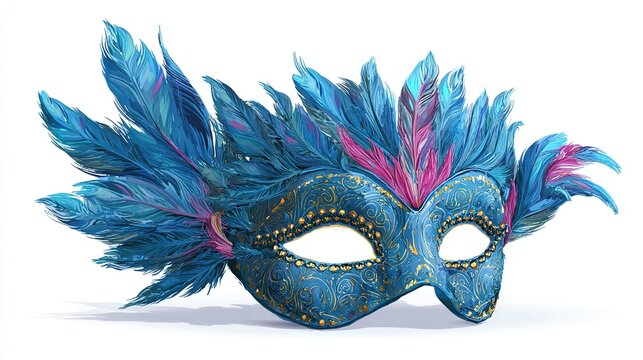A detailed, ornate mask with blue feathers, gold accents, and a patterned face, isolated on white