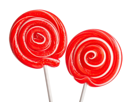 Two red and white spiral lollipops