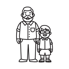 A heartwarming black and white line art illustration of a smiling father with a mustache and his young son wearing glasses.