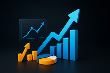 3D Illustration of Business Elements with Graph, Arrow, and Chart for Modern Corporate Design Background, Perfect for Finance, Marketing, Analytics, Growth, and Technology Concepts