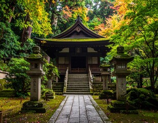 Fototapeta premium Tranquil Japanese temple in autumn foliage