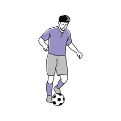 A man in a purple shirt and gray shorts dribbles a soccer ball on a white background.