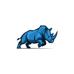 A stylized blue rhinoceros running forward, depicted in a vector illustration with a dynamic pose.
