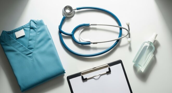 Medical workplace scene with stethoscope, scrubs, clipboard, and hand sanitizer for healthcare and medical professionals. Top view, neutral lighting - Powered by Adobe