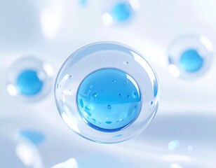 幹細胞培養上清エキスのイメージ、透明球体内に輝く生命感ある粒子 ジェネレーティブAI
