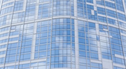 Obraz premium Modern glass skyscraper facade reflecting blue sky and white clouds, creating an abstract and geometric pattern of windows on a contemporary urban building exterior.