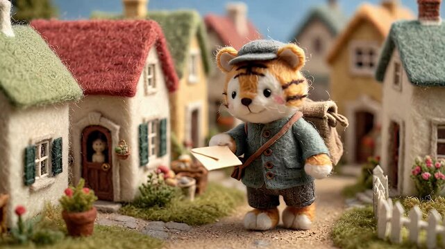 Animated tiger postman delivering mail in a miniature village environment