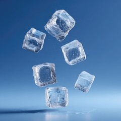 Obraz premium Six translucent ice cubes levitate, splash, and reflect light against a blue gradient backdrop