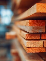 Wooden planks are neatly stacked in a workshop, highlighting their natural textures and colors in soft daylight. The scene evokes a sense of craftsmanship.