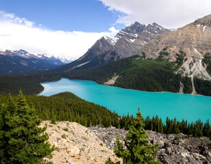 Mountain lake vista in bright sunlight