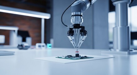 Robotic arm precisely assembling a circuit board on a white table in a modern, well-lit laboratory environment, close-up view