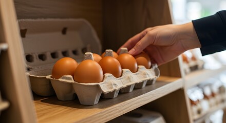 Hand selecting fresh brown eggs in cardboard carton from wooden shelf. Organic food shopping or home pantry storage concept.