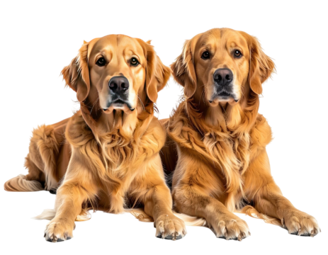 Two golden retrievers resting side-by-side