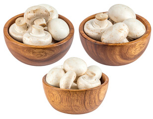 Three wooden bowls filled with white mushrooms